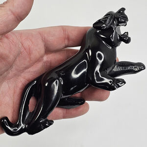 Vintage Black Obsidian Carved Panther Cougar Jaguar Cat Figurine Sculpture 6"